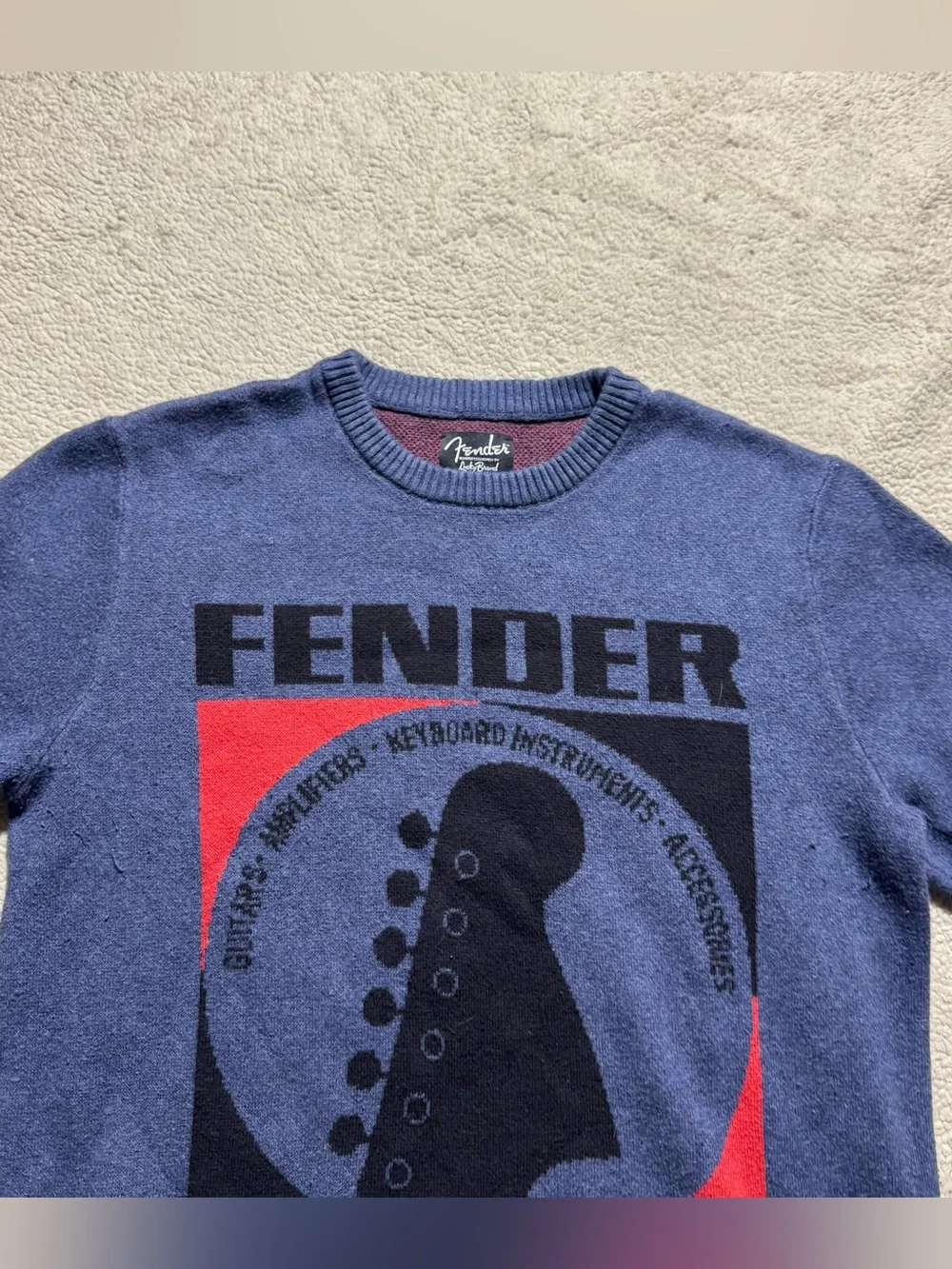 Fender x Lucky Brand Sweater Womens Small Blue‎ Long Sleeve Guitar Graphic Top